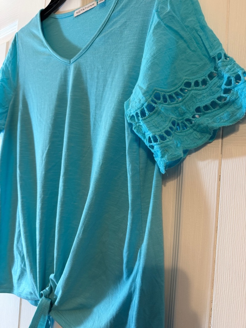 Notations Turquoise V-Neck Tie-Front Top with Crochet Trim Sleeves - Picture 3 of 8